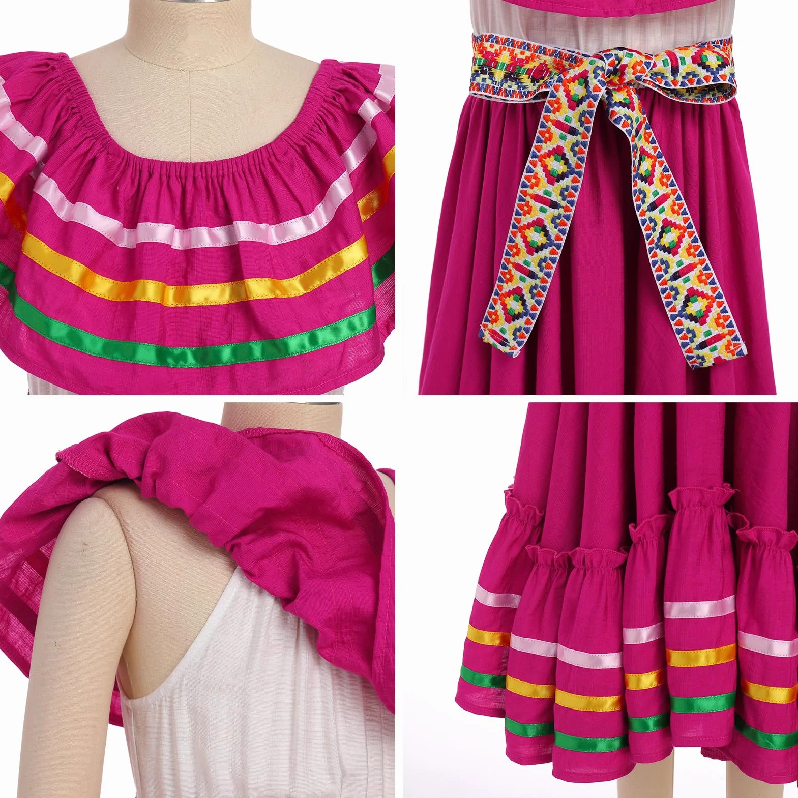 OMEWEE Vestido tradicional mexicano para niñas con cinturón, trajes de indios mexicanos, sin mangas, con volantes, vestido de fiesta cultural mexicana