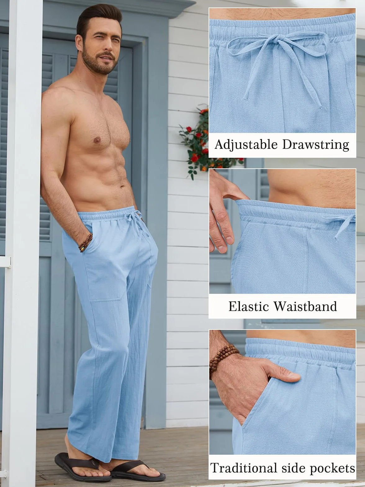 Pantalón Lino Hombre Verano de Mezcla Algodón y Lino Ligero Transpirable con Cintura Elástica Cordon y Bolsillos Pantalones de Lino Hombre Corte Largo