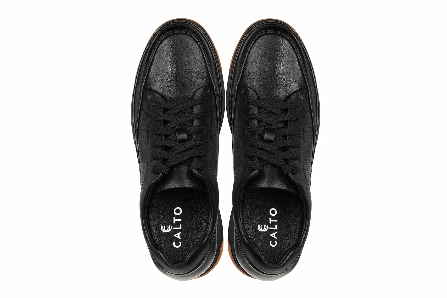 CALTO Zapatos de elevación Invisibles para Hombre con Aumento de Altura – Zapatillas de Cuero de Primera Calidad con Cordones – 2.6 Pulgadas más Altas, Suela Negra de Goma Negra, 41 1/3 EU