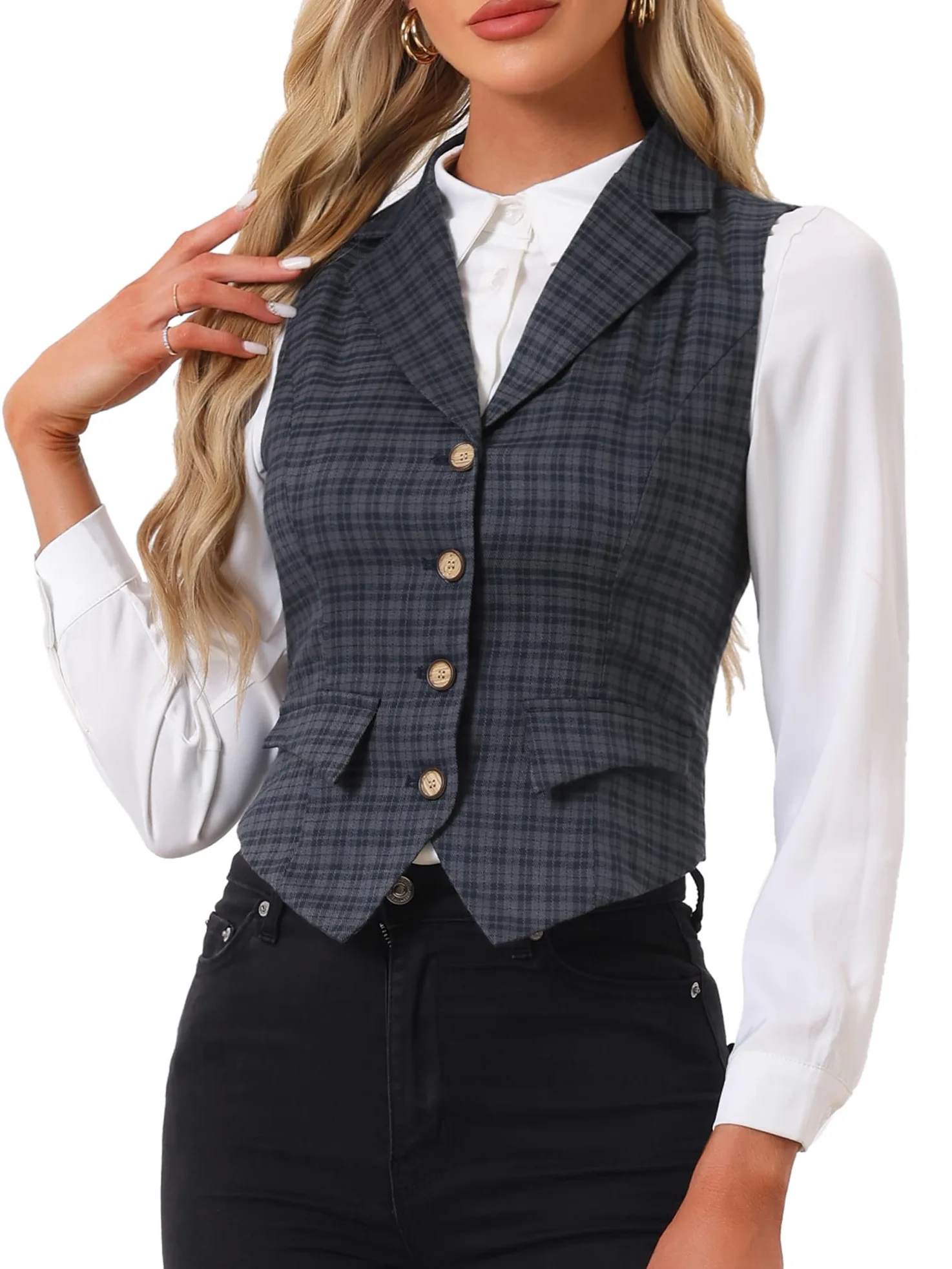Allegra K Chaleco a Cuadros para Mujer, Cuello de Solapa con Muescas, Blazer sin Mangas Vintage de Botonadura Sencilla