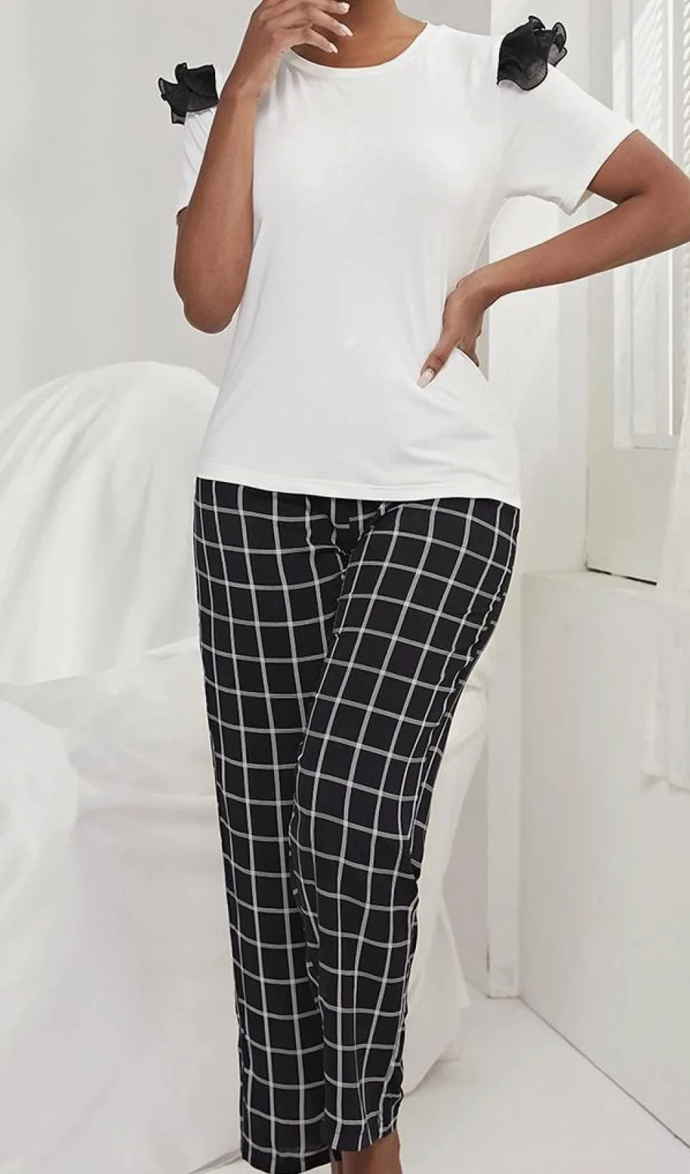 Pijama De Mujer Manga Corta,Top Blanco Pantalones A Cuadros Negros Pijama De Manga Corta De Verano Para Mujer Conjunto De 2 Piezas Pijama De Moda Suave Ropa De Descanso Regalo Del Día De La Madre P