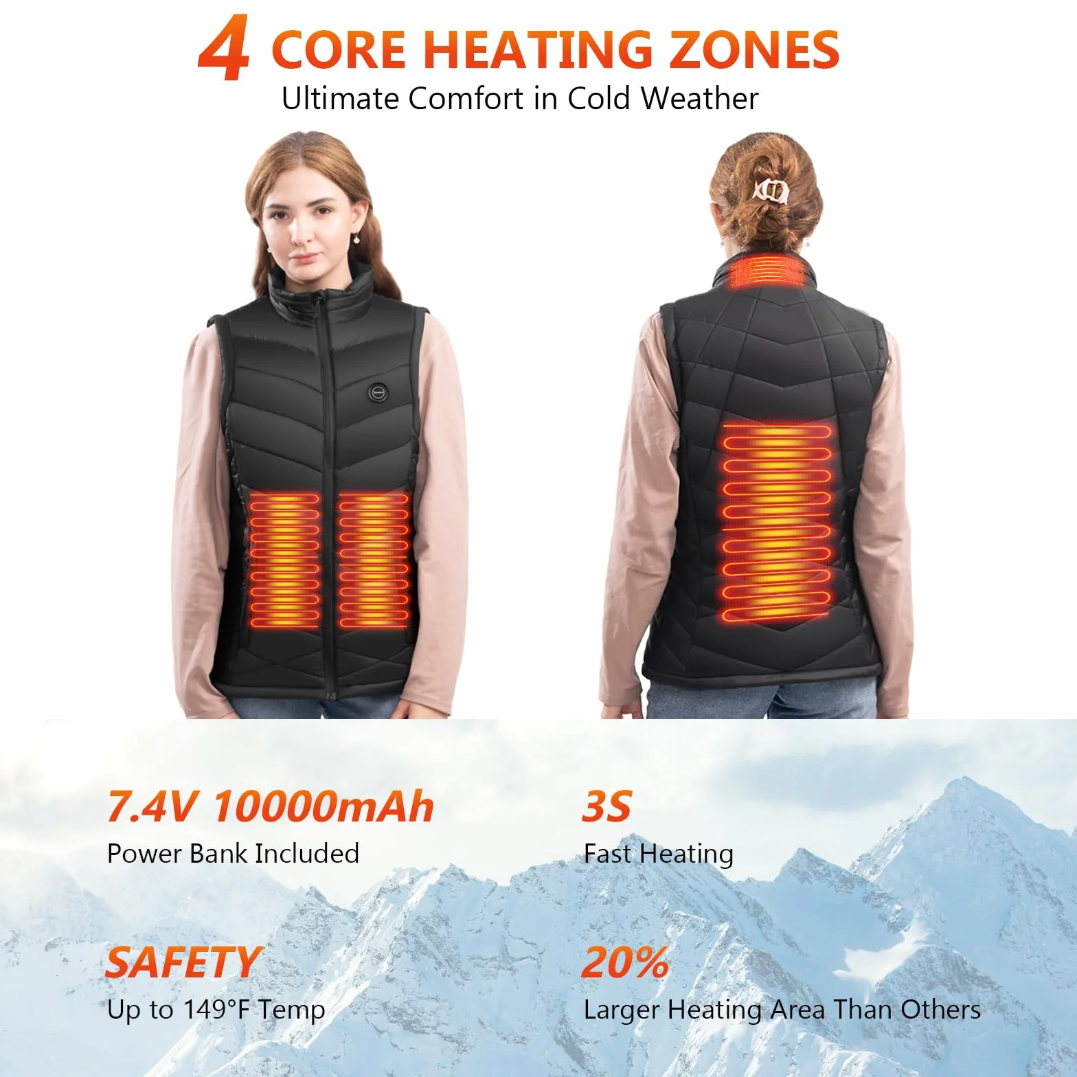 Chaqueta Calefactable Mujer con Bateria Recargable 7.4V 10000mAh, 4 Zonas de Calentamiento Impermeable