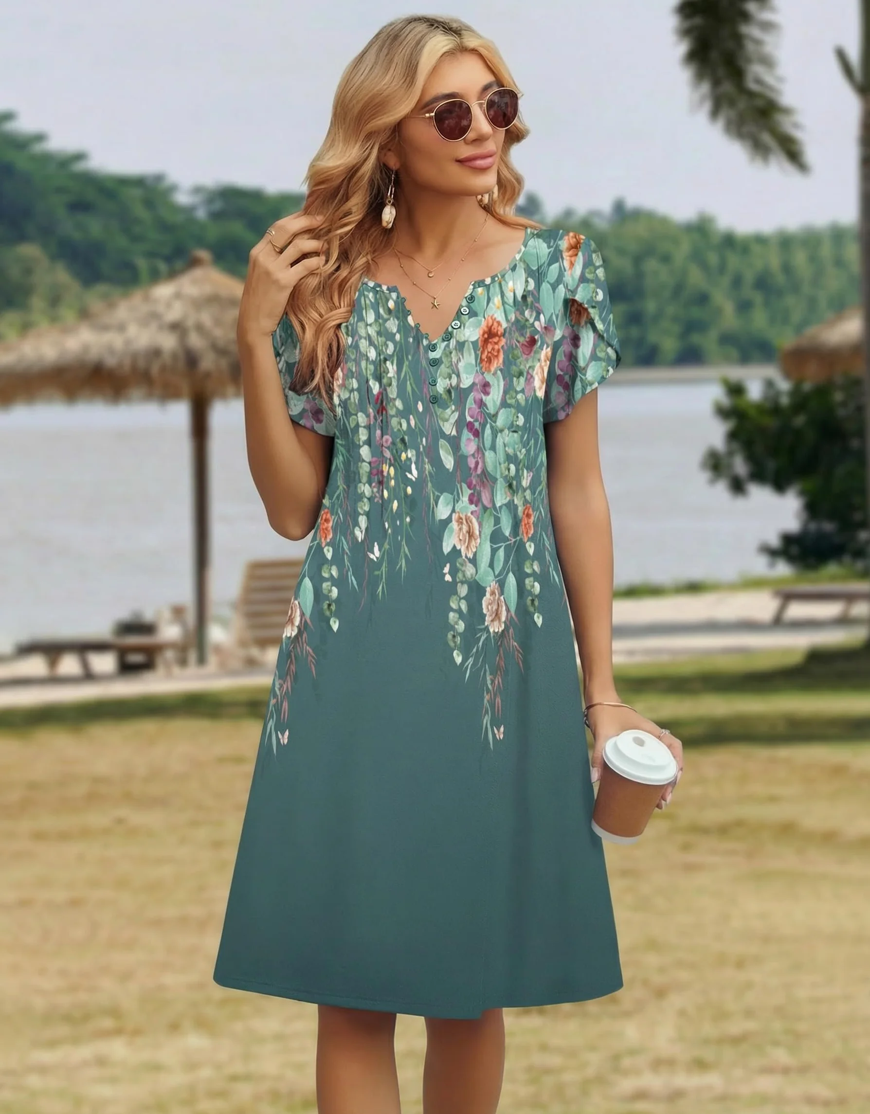 Zeagoo Vestidos Verano Mujer Manga Corta Escote en V Túnica Flores Midi Casual S-XXL