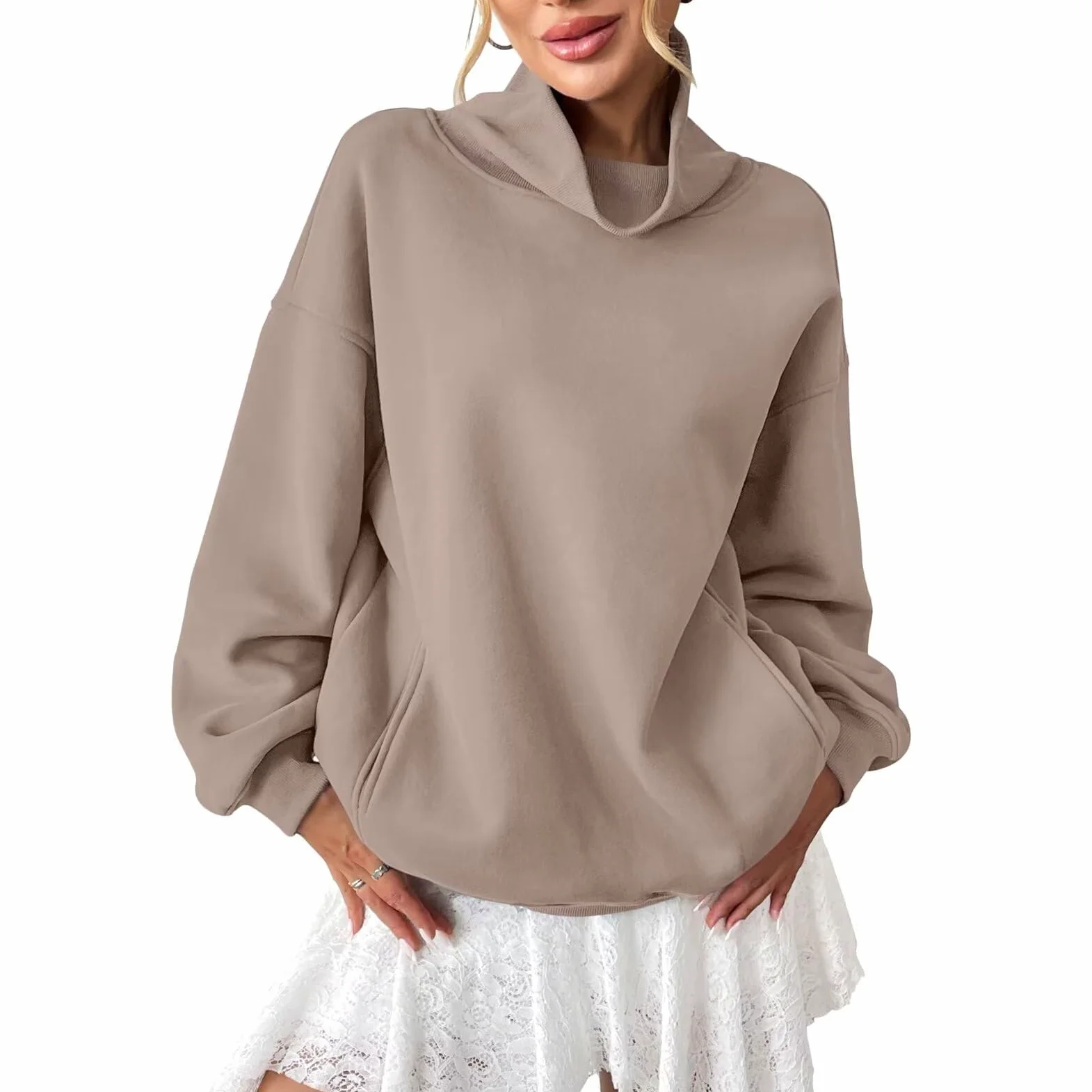 Sudadera de mujer sin capucha, sudadera con cuello alto y manga larga, tendencia de color liso, suéter cálido y cómodo, informal, salida, otoño e invierno
