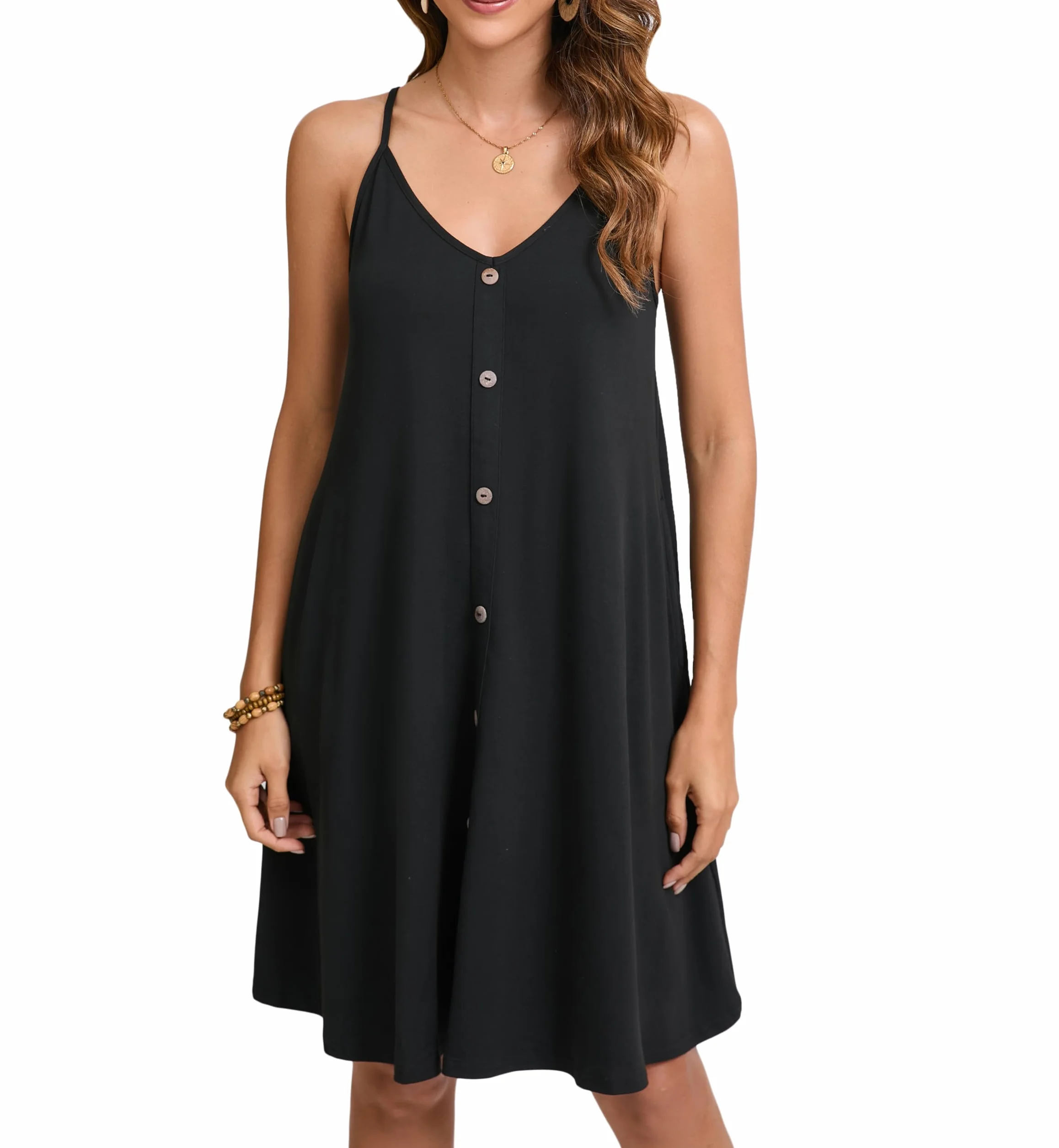 Enmain Mujer Vestidos Verano Floral Sin Mangas Vestido de Playa hasta la Rodilla Casual Cuello en V Tirantes de Espagueti Vestidos con Bolsillos para Fiesta Hawai Vacaciones S-2XL