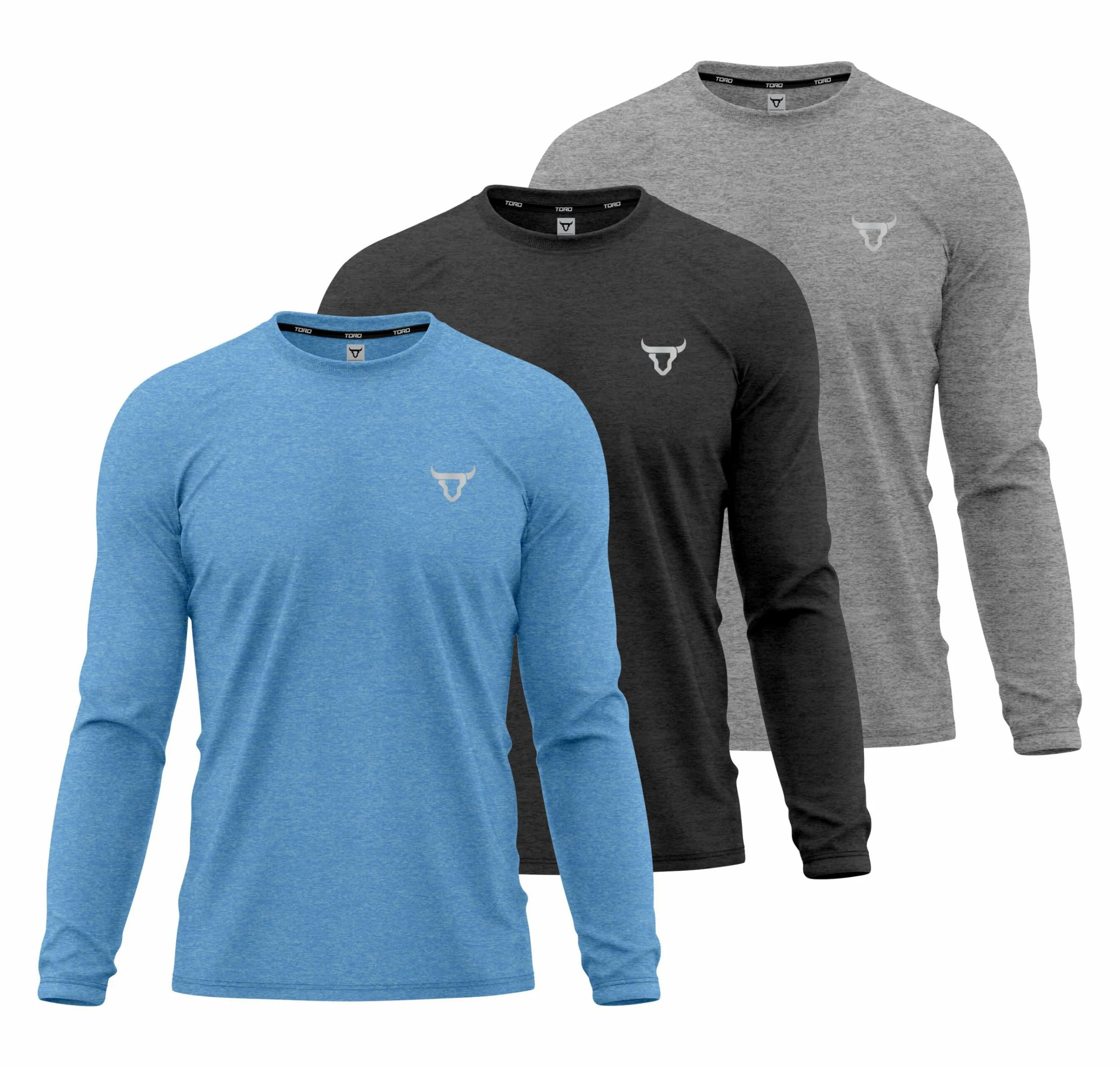 TORO ACTIVA Paquete de 3 camisetas para hombre, ligeras, de secado rápido, suaves, absorben la humedad, atléticas, lisas, de manga completa, para entrenamiento