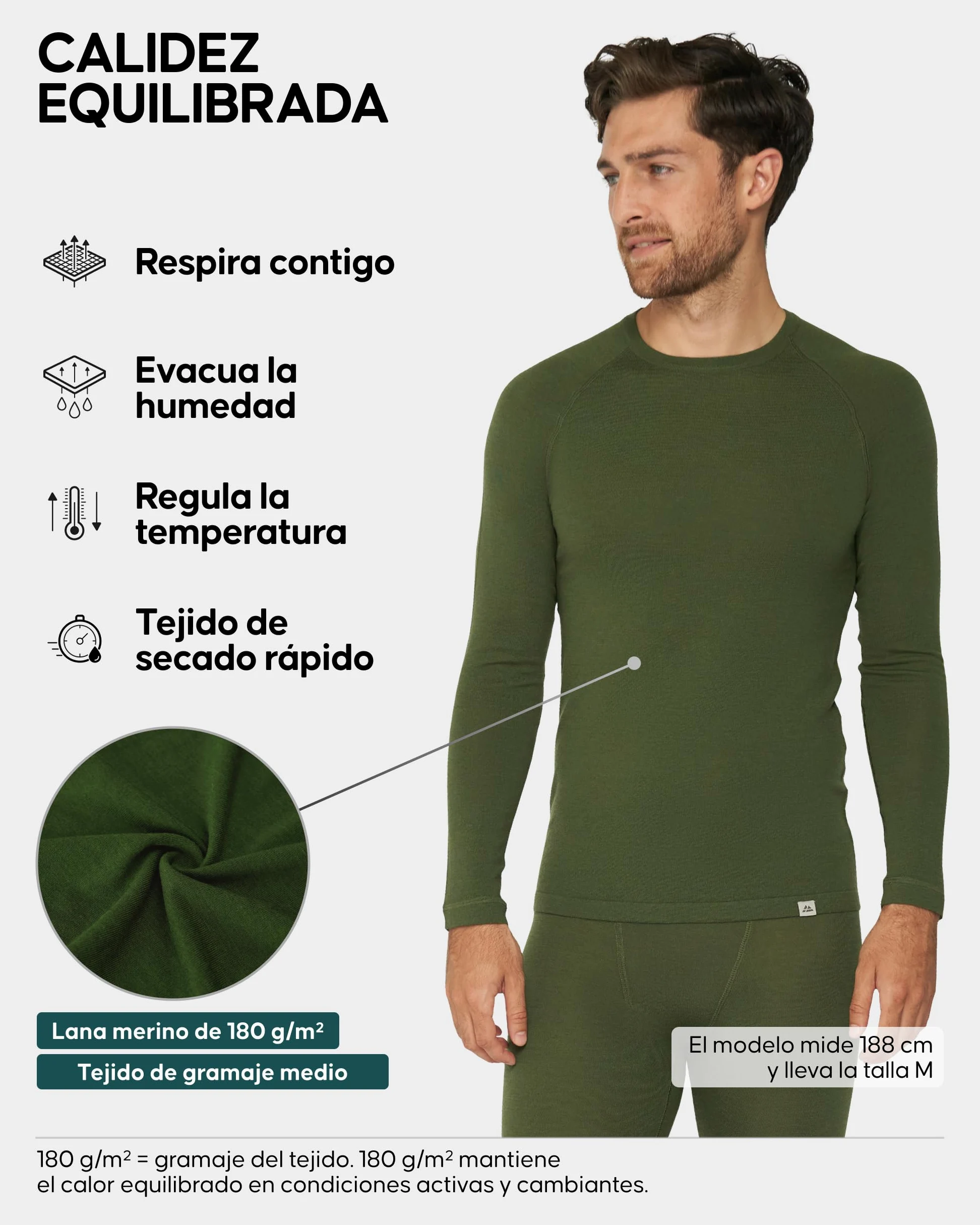 DANISH ENDURANCE Camiseta Térmica Lana Merino Hombre Verde 3XL | Camiseta Térmica de Lana Merino 180g/m², Cálida y Transpirable con Ajuste Ergonómico, para Senderismo, Esquí y Uso en Casa