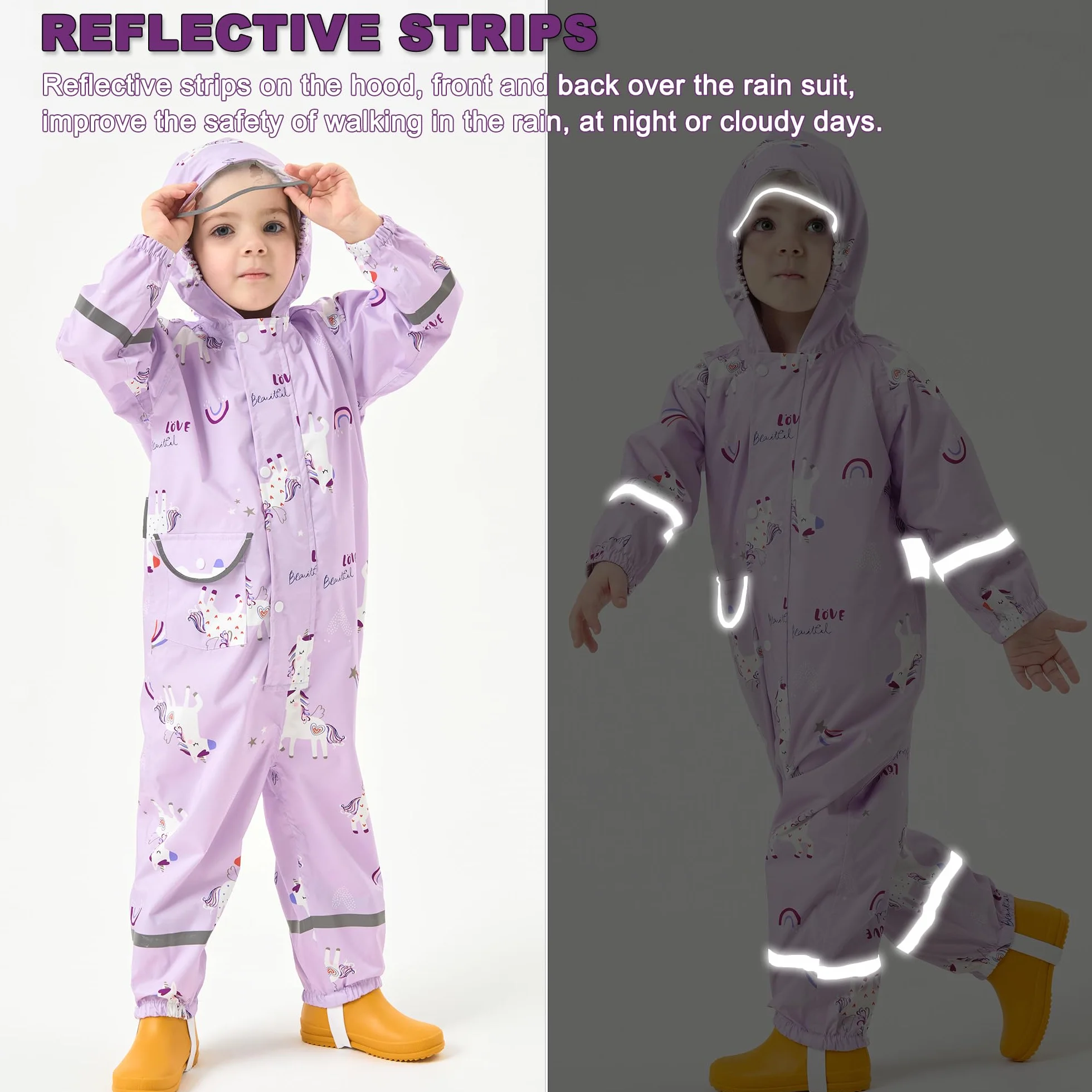 Fewlby Chubasquero Niñas Traje Impermeable, Chaqueta de Lluvia Poncho con Capucha Niños Traje de Lluvia Abrigos Impermeables Reutilizable Mono Impermeable 1-10 Años