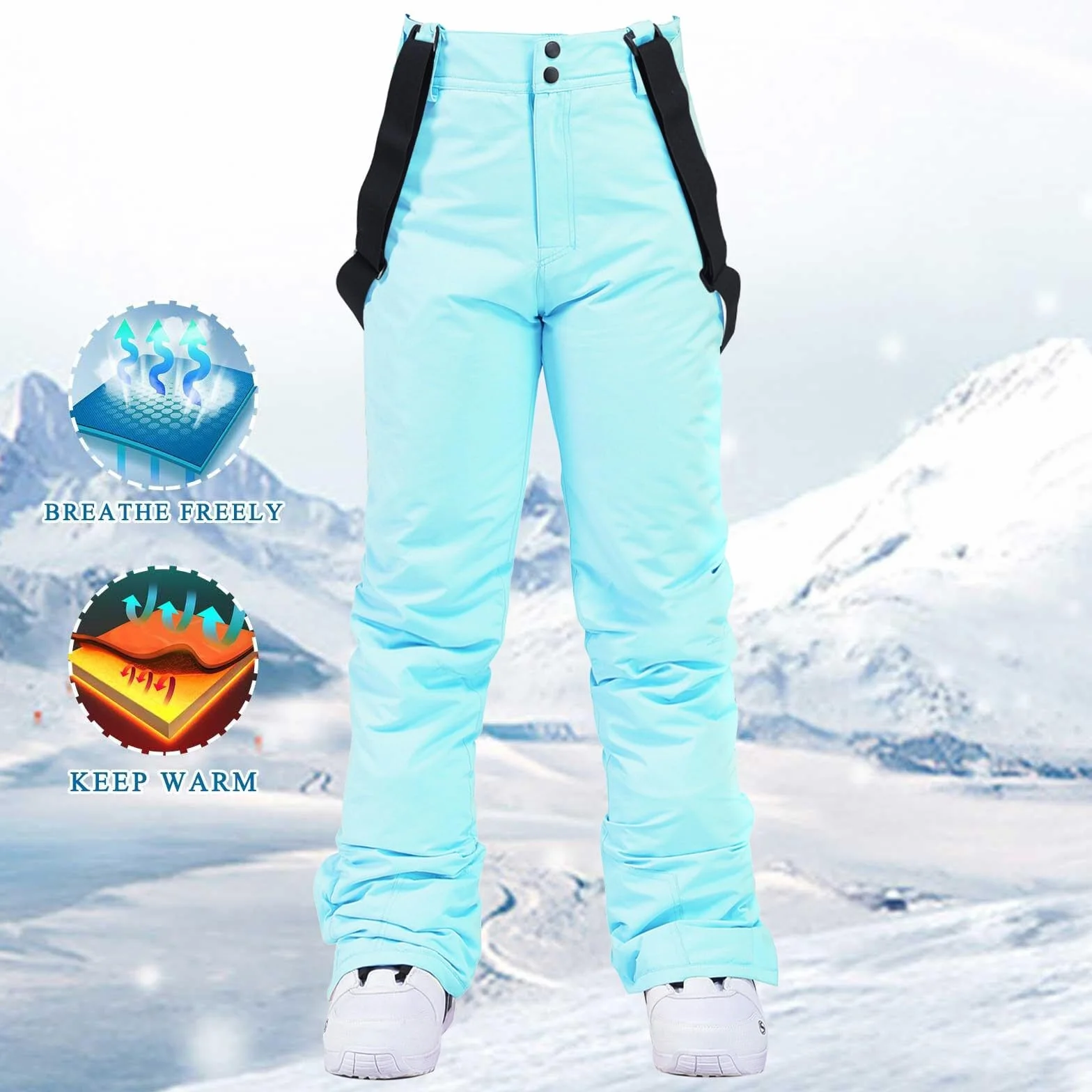 Pantalones de esquí impermeables mujer con tirantes ajustables softshell cálidos