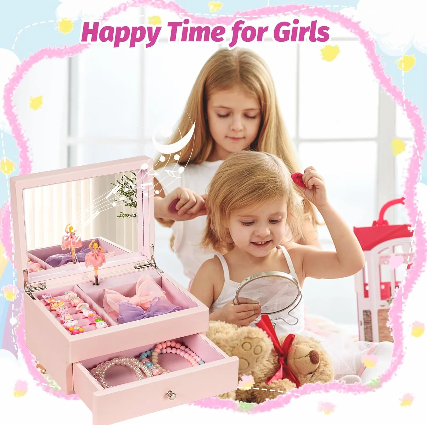 Joyero Musical Niña de Madera con Bailarina Giratoria, Regalo Navidad Cumpleaños (Rosa)
