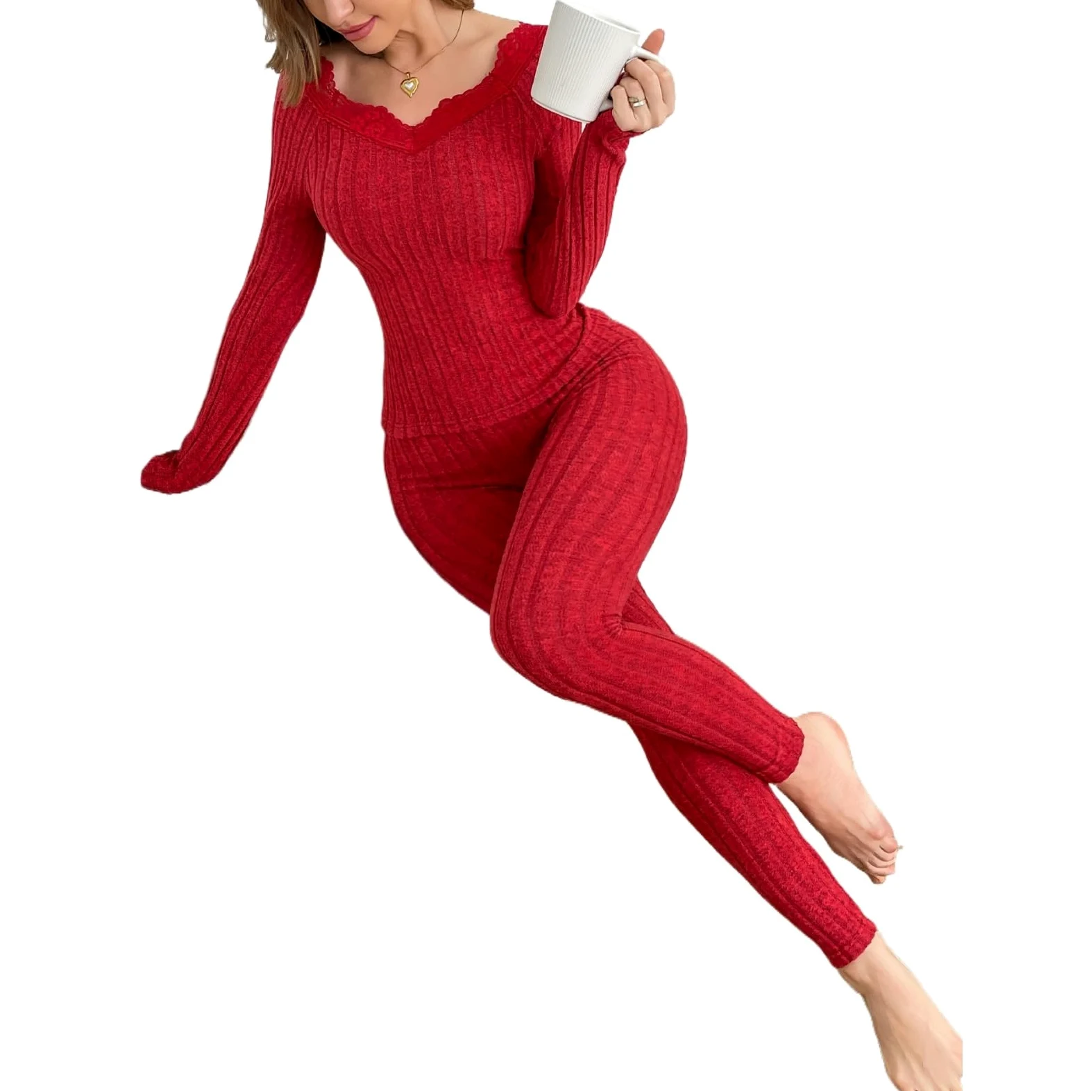 KIRYU Conjunto de ropa interior térmica para mujer, cuello en V, manga larga y leggings, capa base suave, pijama cálido de invierno y ropa de descanso
