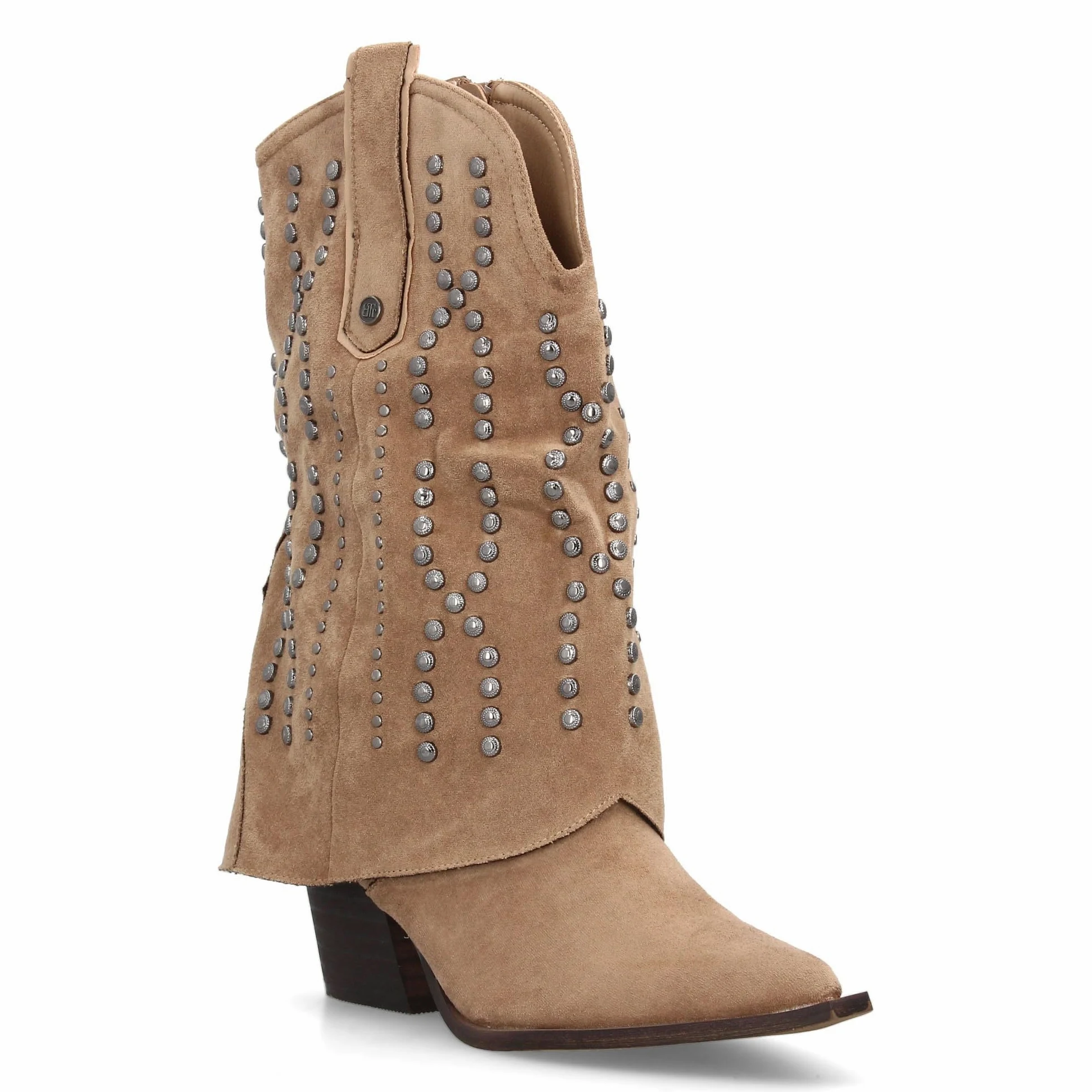 Botin Cowboy para Mujer con Diseno campero. Tachuelas metalicas, Punta Fina y Tacon. Ideal para la Temporada Otono Invierno.