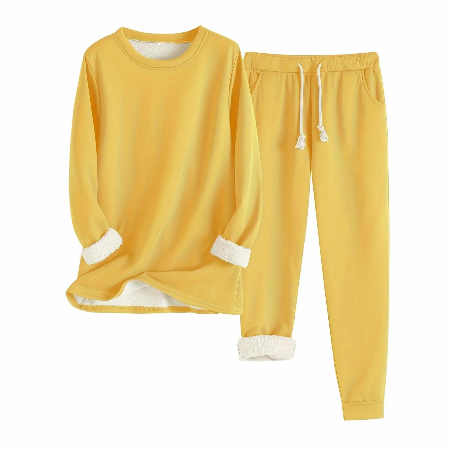 Conjunto de Pijama de Sudadera y Pantalones con Forro para Mujer para Calidez Invernal con Traje de Felpa Tops cómodos y Holgados Ropa de Estar por casa cálida de Invierno para Mujer