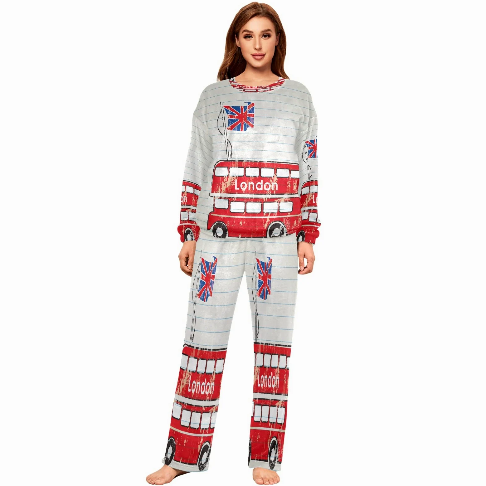 Mnsruu Juego de pijamas de franela con bandera británica de Londres Bus para mujer, 2 piezas, ropa de dormir de manga larga, conjuntos de salón