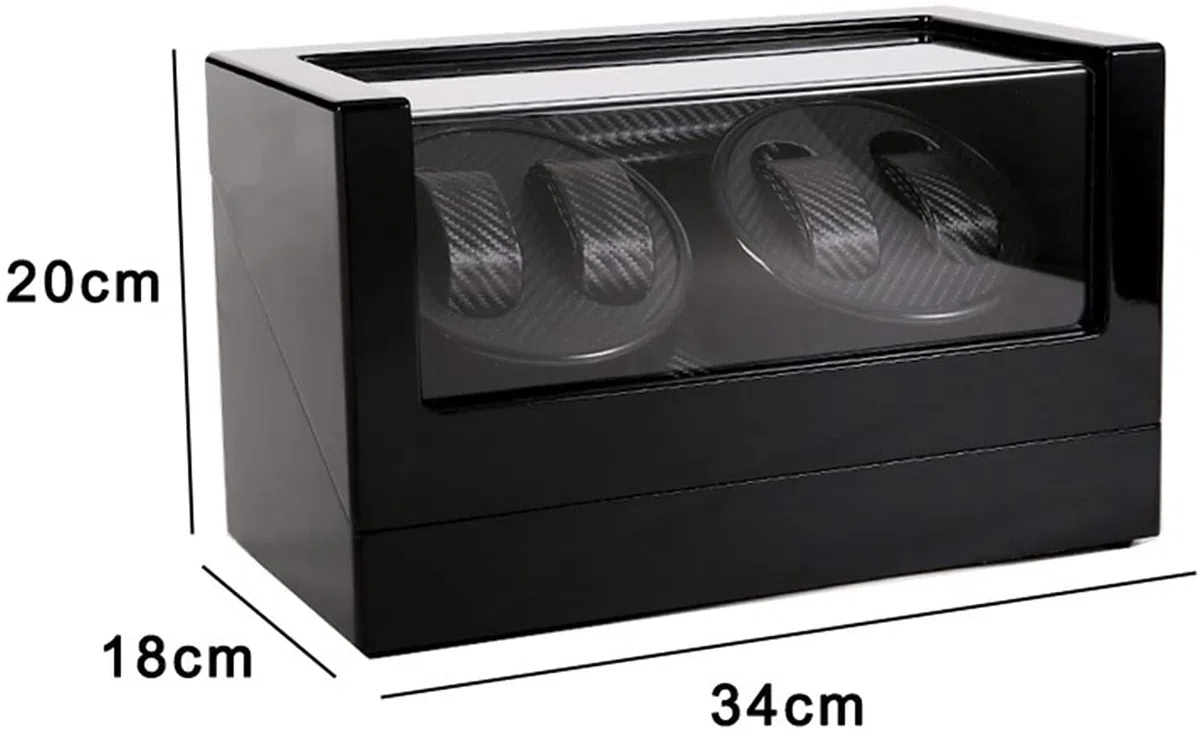 Vitrina de reloj giratoria automática de madera de gama alta, doble cabeza, cuatro relojes epítopos, caja de almacenamiento, soporte de exhibición, relojes mecánicos ultrasilenciosos, agitador (negro)