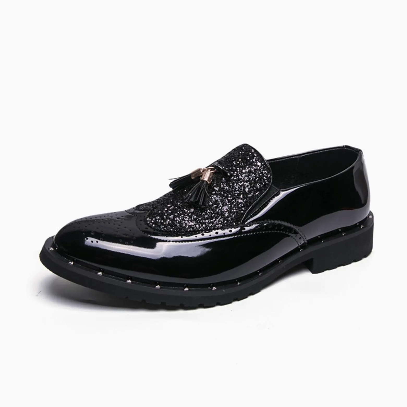 Mocasines de Charol con Purpurina para Hombre Zapatos de Vestir con Borlas Estilo Brogue Brillantes para Boda Fiesta
