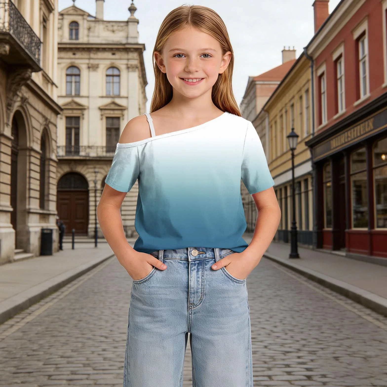 Camisetas de manga corta con hombros descubiertos para niñas, adolescentes, elegantes, transpirables, para la escuela, básicas, de un hombro, holgadas, informales, invitadas de boda, 5-14 años, Reino