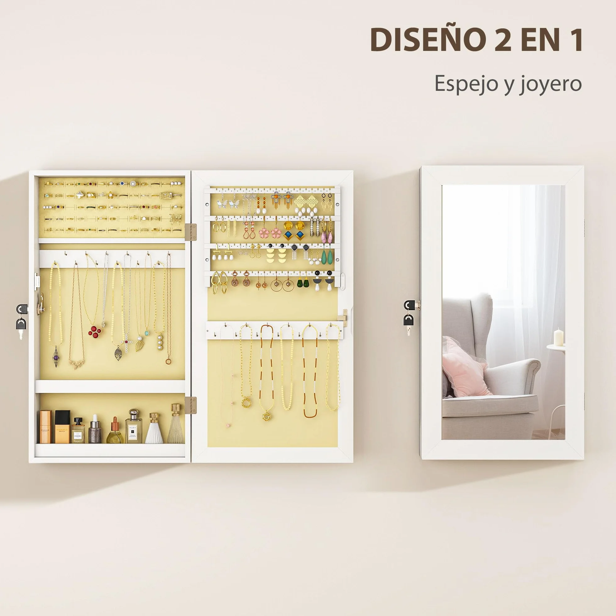 HOMCOM Espejo Joyero de Pared Armario para Joyas con Cerradura y Varios Compartimentos Montar en Pared o Puerta para Pendiente Collar Anillo Pulsera Blanco y Forro Crema