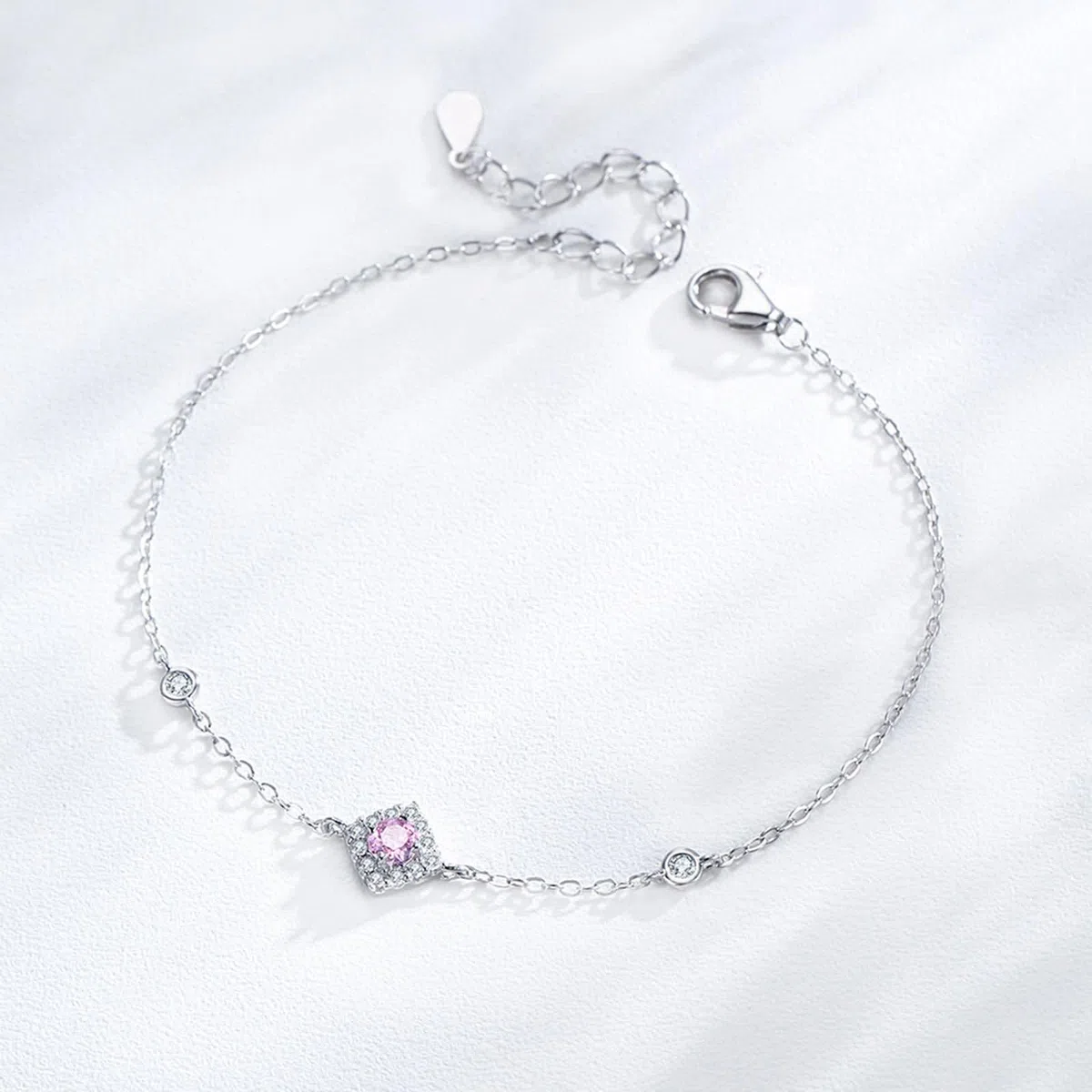 Pulsera Mujer de Oro Blanco de 9Kilates / 14Kilates / 18Kilates, Rombo y Redondo con Diamante Creado y Moissanita, Cadena Extensible 16 CM + 5 CM, Pulseras Ajustable Mujer Plata Rosa