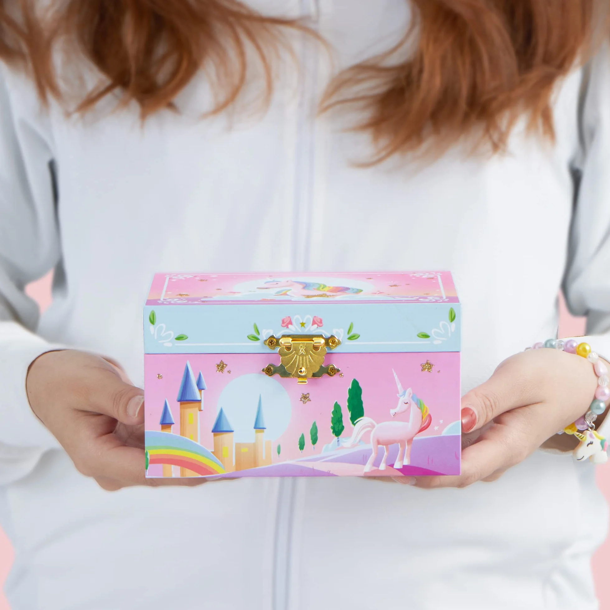 JOYIN Joyero musical de unicornio con espejo estrella, pulsera y calcomanías