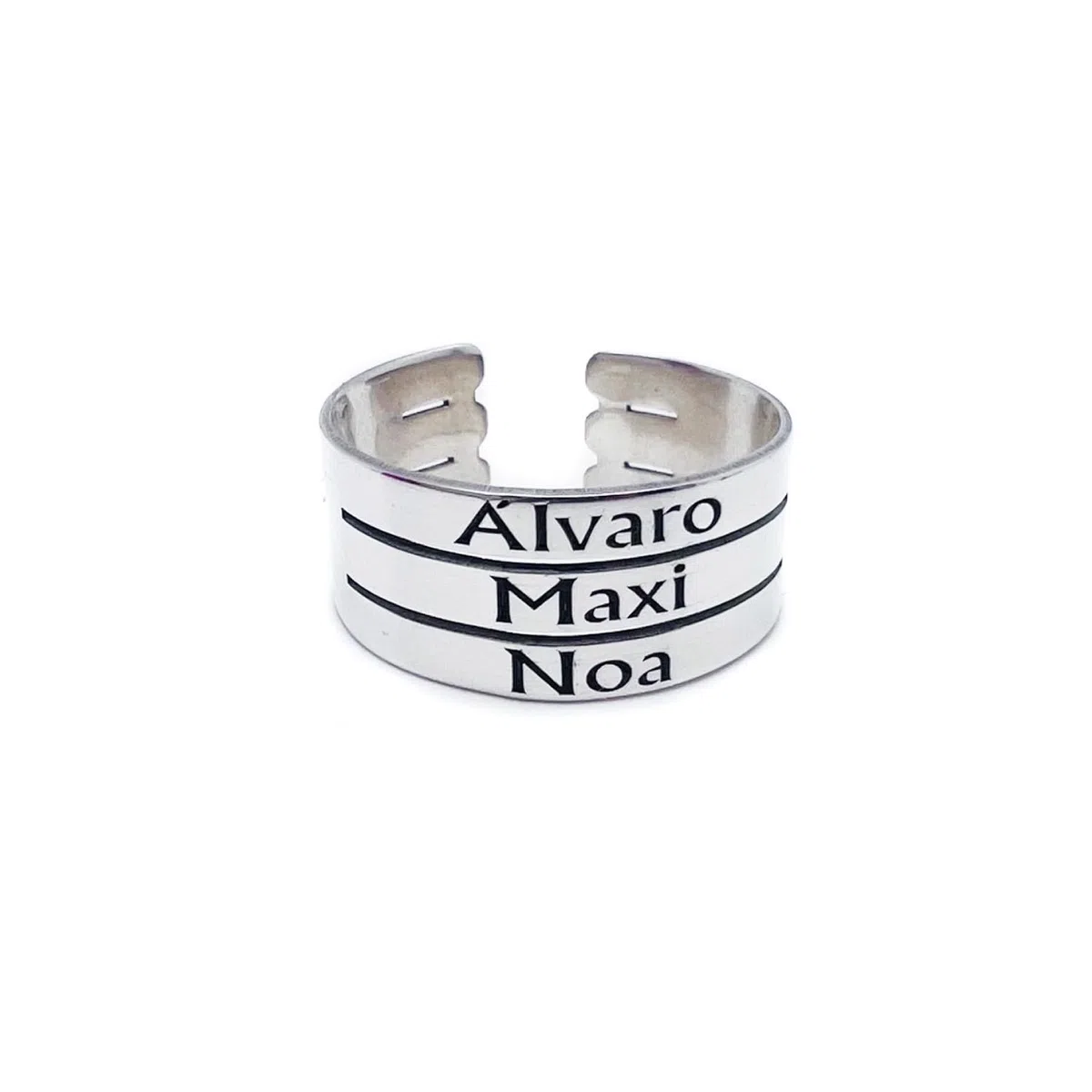 Anillo para Mujer con Nombres Personalizados – Ajustable, Plata 925/1000 – Regalo Día de la Madre Modelo triple Arial