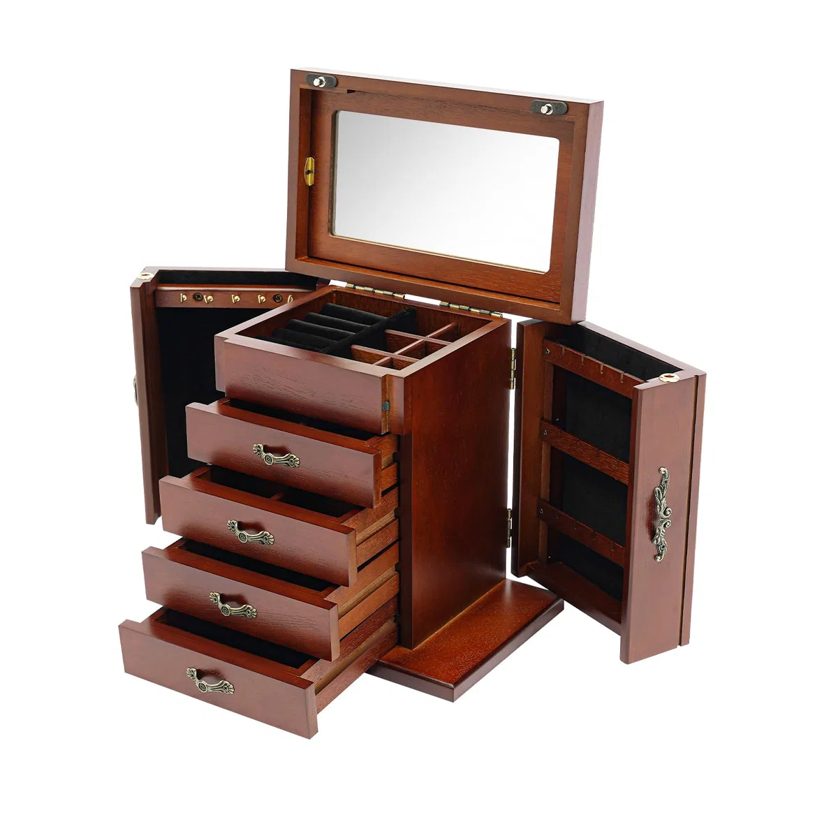 Joyero de madera grande, joyero con cajones de madera, con llave y cerradura, puertas dobles para anillos, pendientes, collares