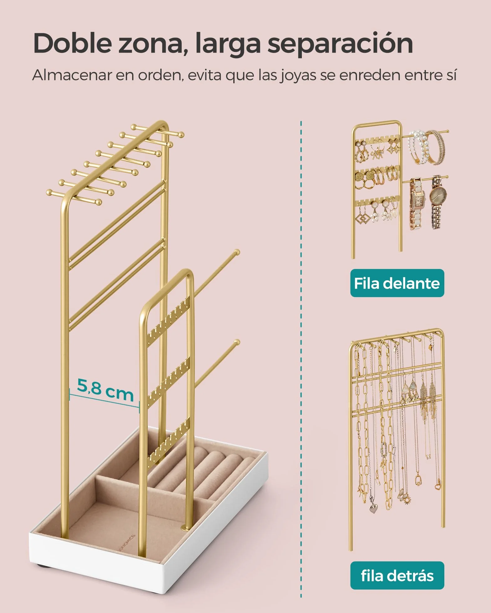 SONGMICS Soporte para Joyas, Organizador de Joyas, Marco de Metal Bandeja de Terciopelo Dorado