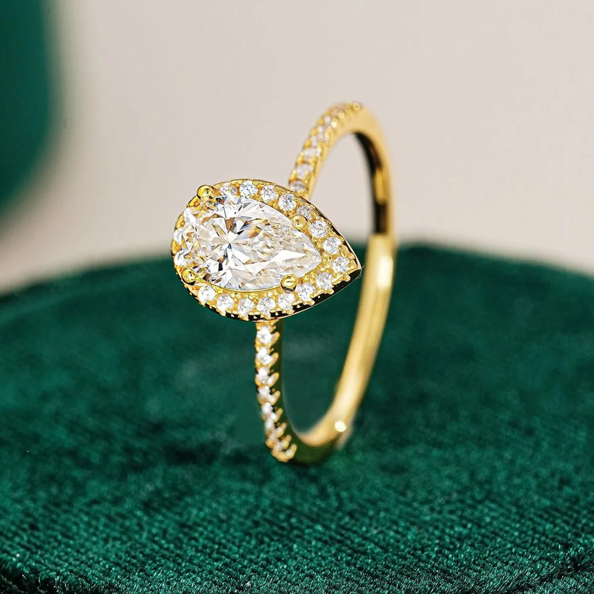 Anillo de oro auténtico para mujer, con forma de gota de 1 ct, moissanite, anillos de compromiso, halo, oro amarillo, anillo de banda para mujer
