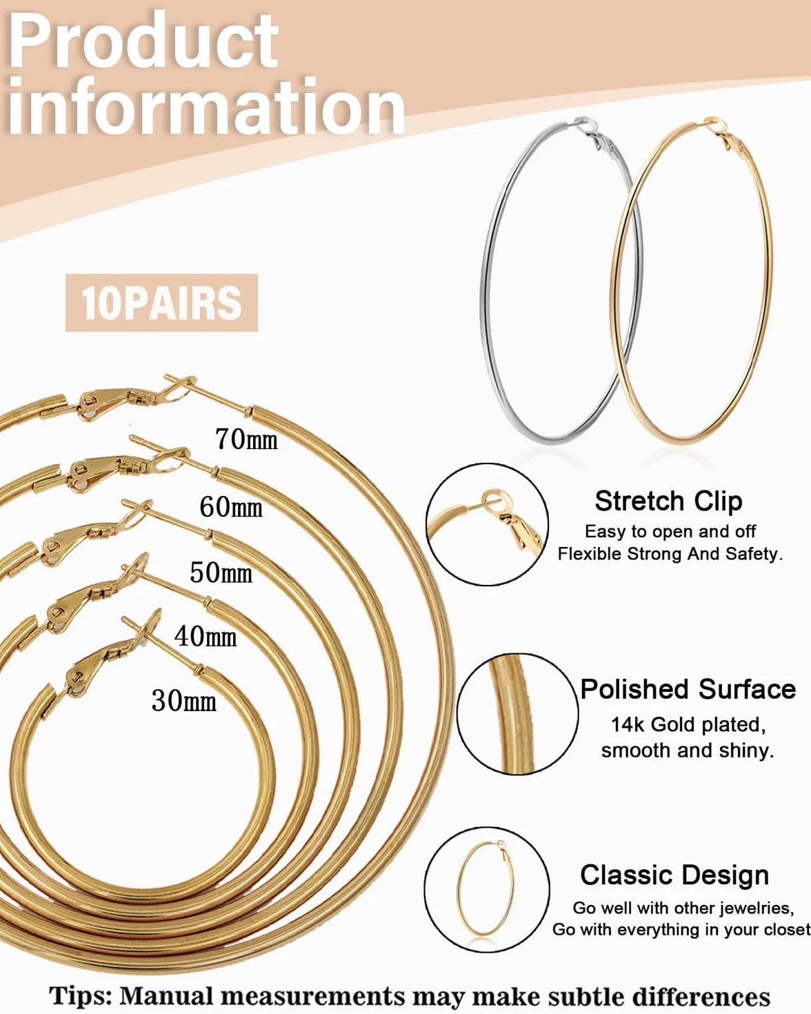 Pendientes de Aro Acero Inoxidable 30-70mm Ganchos para Creación de Joyas DIY Oro Plata