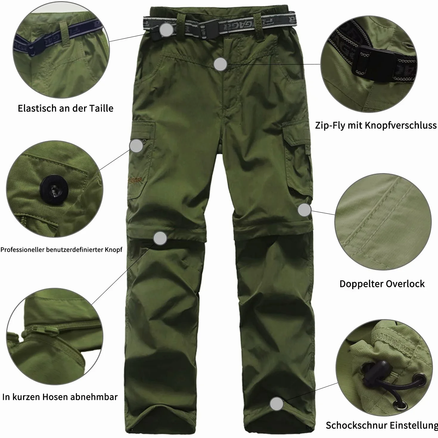FLYGAGA Pantalones al Aire Libre para niños Senderismo con Cremallera Pantalones Cortos de Pierna Desmontables Trekking Unisex Chicas jóvenes de Verano con cinturón Transpirable de Secado rápido