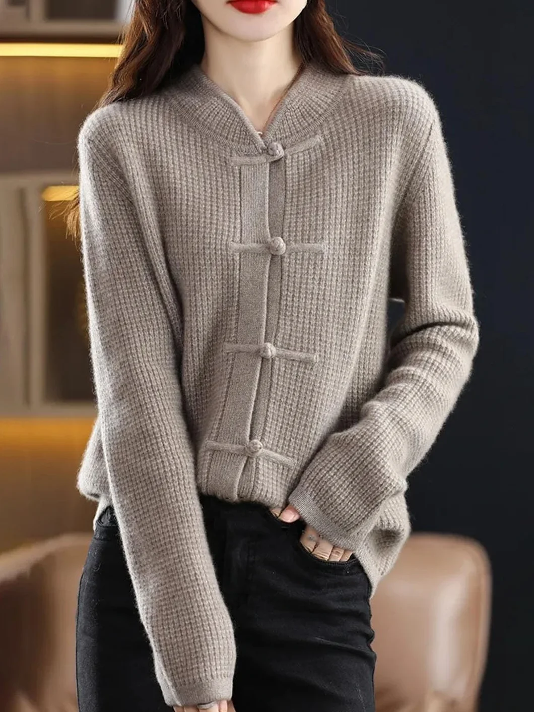 Alloaone Cárdigan de Lana para Mujer Chaqueta de Cachemira Tejida con Cuello Alto