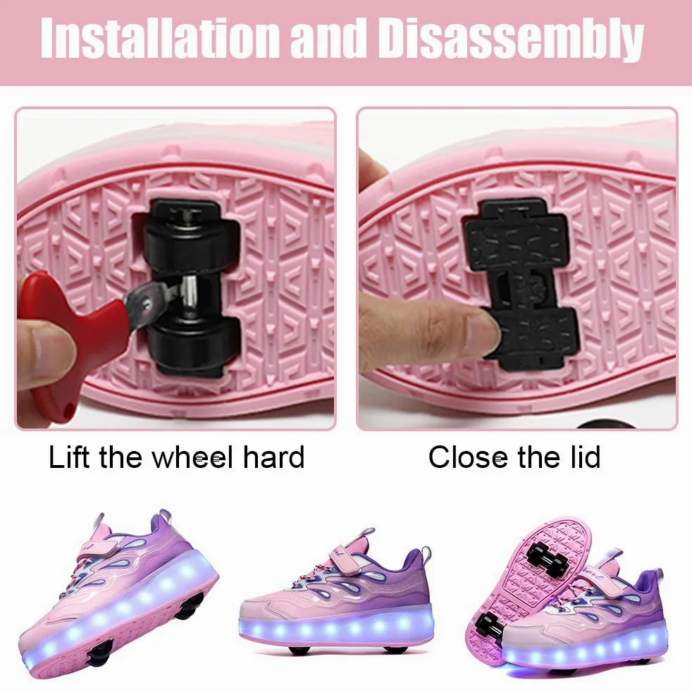 Hixingo Zapatillas con Ruedas Niña Niño, Zapatos con 4 Ruedas para Niñas con LED 2 en 1 Zapatillas Patines Zapatillas Ruedas Niño, Degradado de Color Calzado de Skateboarding Multifuncionales
