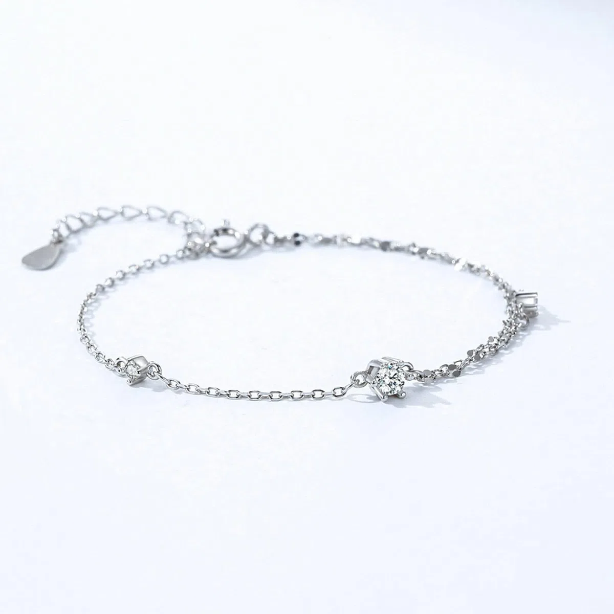 Pulsera de promesa, pulseras de joyería de una sola cara, cadena de doble capa con moissanita, plata, platino, 20 + 3 cm