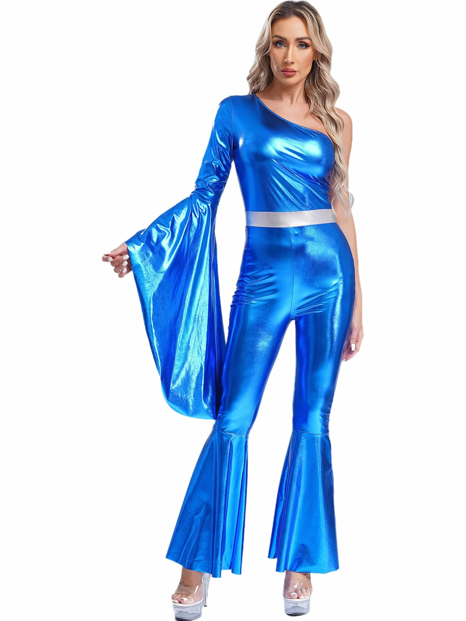 Mono Brillante de Baile para Mujer Jumpsuit Metálico Manga Acampanado un Hombro Disfraz Danza Animadora Disco Party