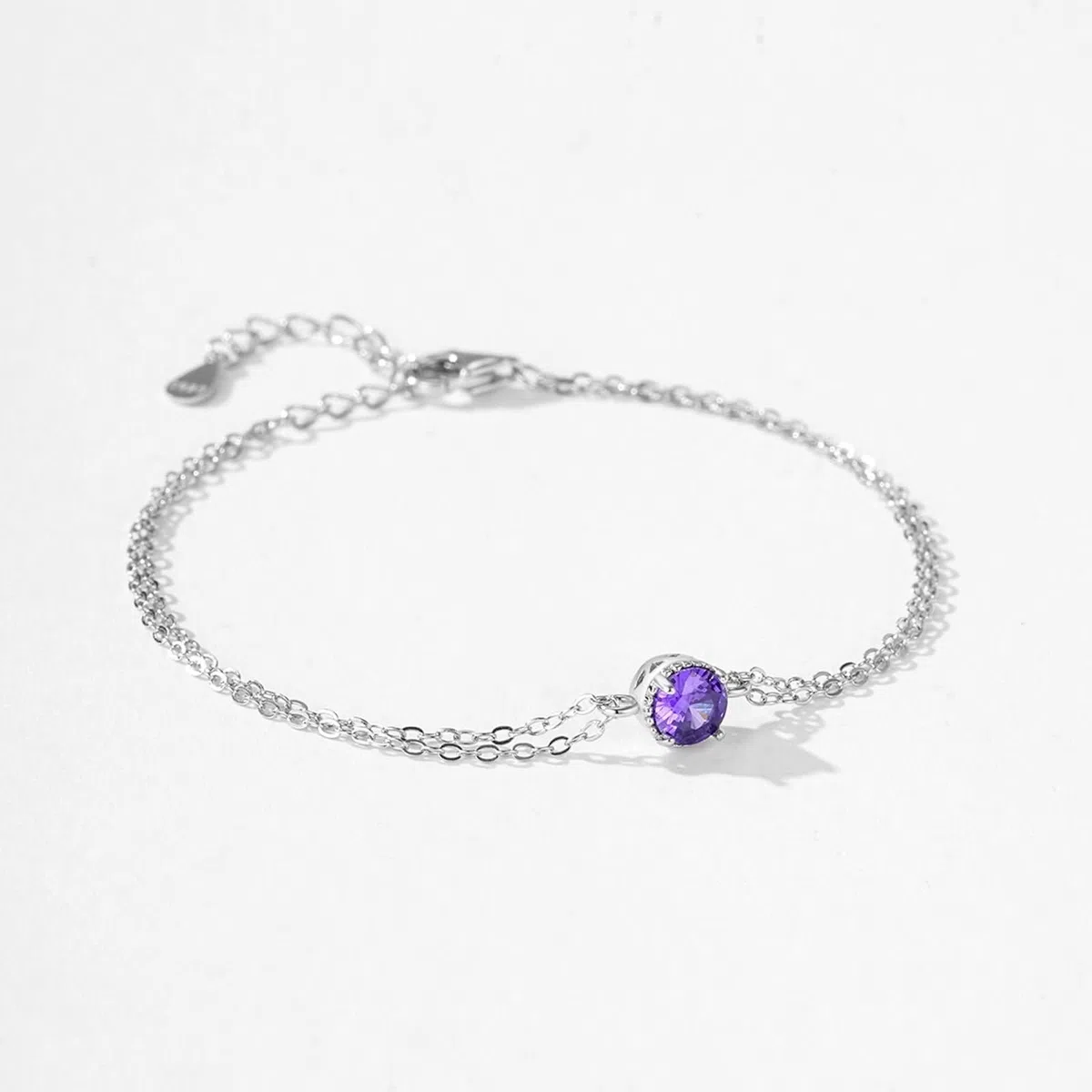 Pulseras para mujer, pulsera de cadena para mujer, cadenas de doble capa con amatista redonda y oro blanco de 0,5 quilates