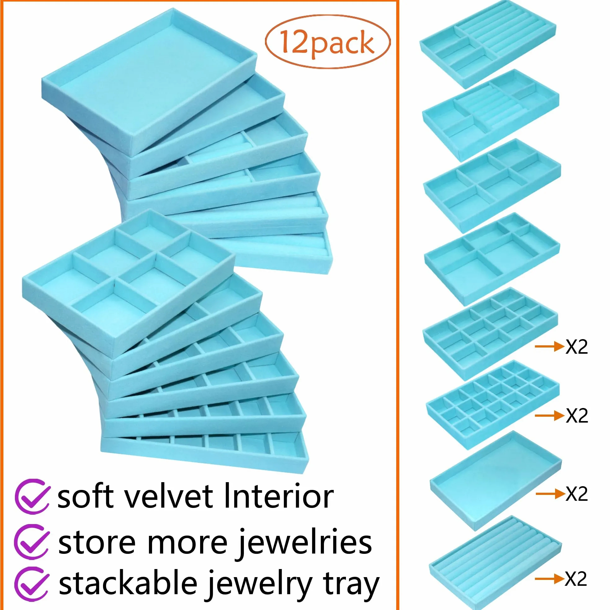 12 bandejas de terciopelo para joyas, organizador de joyas, collares, pulseras, pendientes, anillos, broches, relojes, color azul