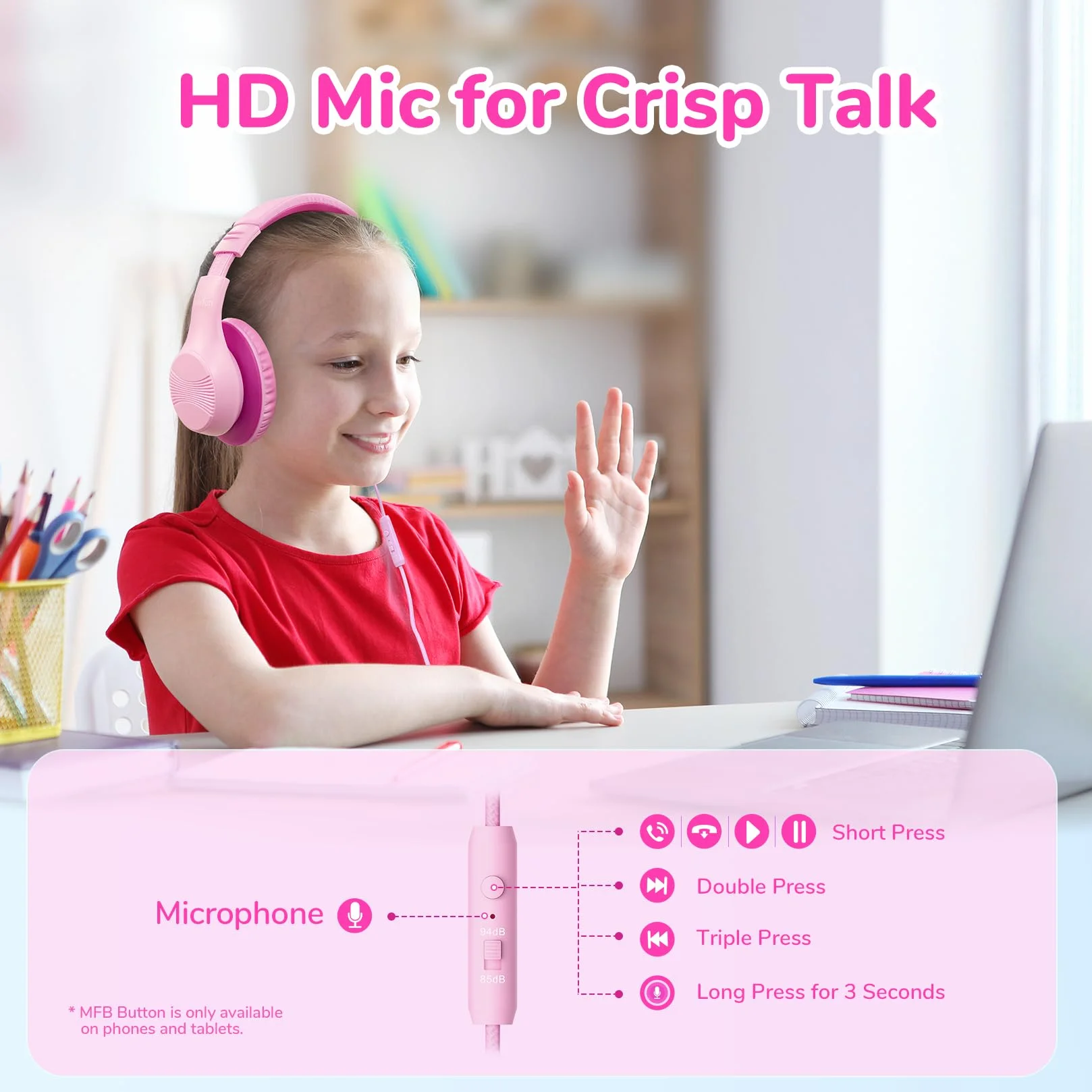 EarFun Auriculares para Niños con Micrófono, Cascos Infantiles con Cable Jack 3,5 mm, Volumen Limitado 85/94 dB, Sonido Estéreo HD, Diadema Plegable para Pad, Tabletas, La Escuela, Rosa