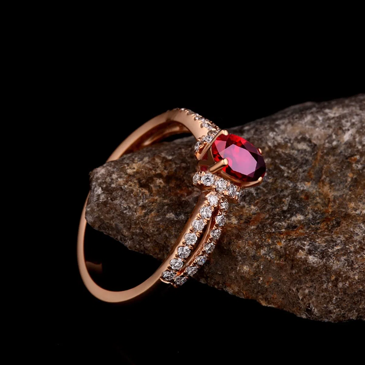 Anillo de mujer vintage, anillos de mujer de oro rosa de 18 quilates de 0,57 ct con diamante y rubí redondos de dos hilos rojos, ovalado, alianzas de compromiso para mujer