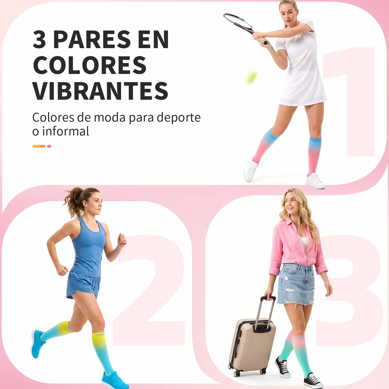 CAMBIVO Medias de Compresión Mujer Hombre 3Pares, Calcetines Compresion 15-20mmHg, Transpirables Calcetines Largos, Compression Socks para Deporte, Running, Ciclismo, Viajar en Avión, Enfermera, Moda