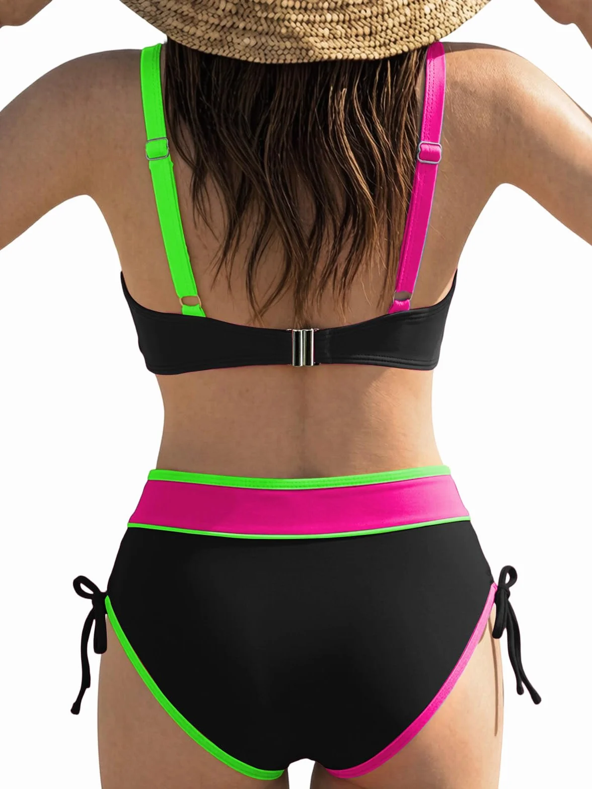 JFAN Traje de baño de mujer de dos piezas sexy Push up Cuello en V Talle Alto Bikini de conjunto Bloques de Color