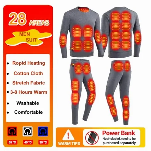Conjunto de ropa interior térmica térmica para hombre y mujer, ajuste de tres velocidades, 28 zonas de calefacción, control inteligente de temperatura