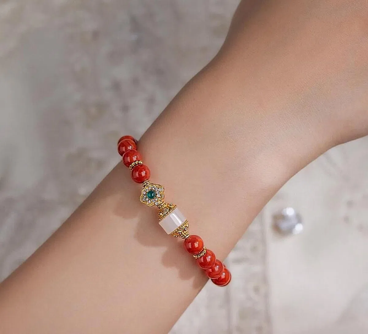 Pulsera de oro amarillo de 9 quilates, 14 quilates, 18 quilates, ágata y jade de 6 a 7 mm, pulsera de oro real de 14 quilates para mujer