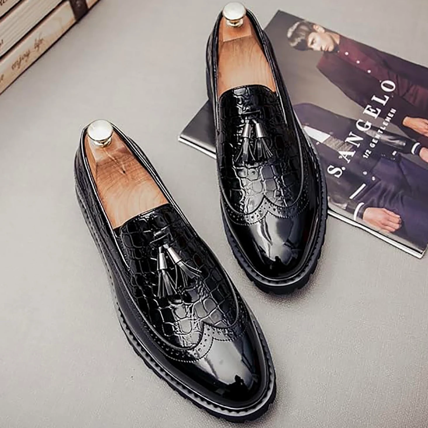 Mocasines con borlas para hombre, zapatos de vestir formales de negocios con lados elásticos para el trabajo, casual, negro, blanco, rojo