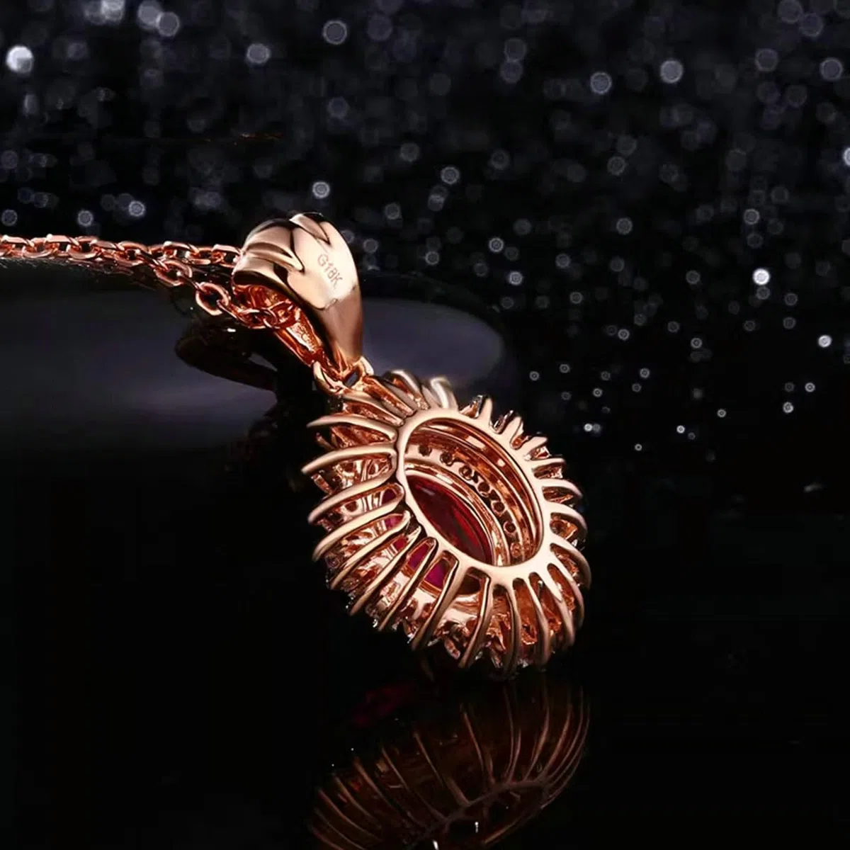 Collar con colgante para mujer de oro rosa 750 585 375, colgante de lujo flor con rubí de 1 ct y diamante de 0,33 ct oro rosa cadena mujer 45 cm sin níquel