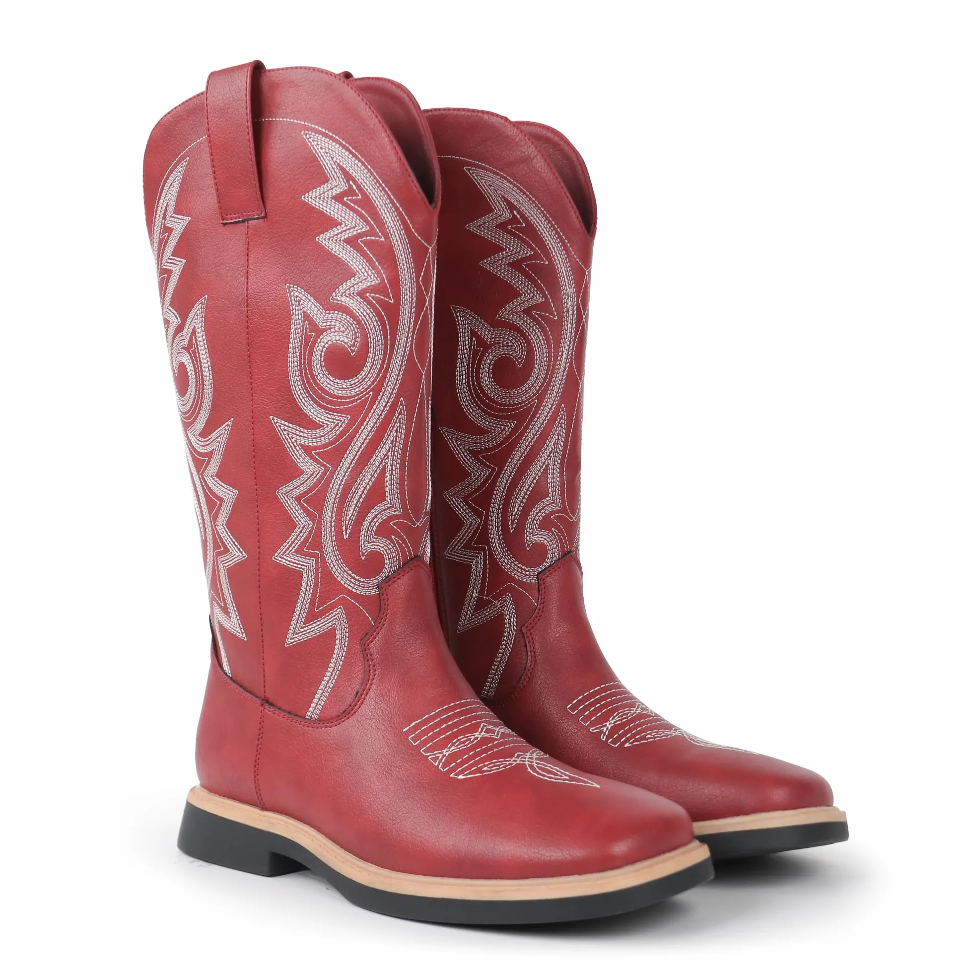 Hawkwell Botines de vaquero para mujer, con puntera cuadrada, cremallera lateral, bordadas, tacón bajo, botas de estilo occidental de media pantorrilla