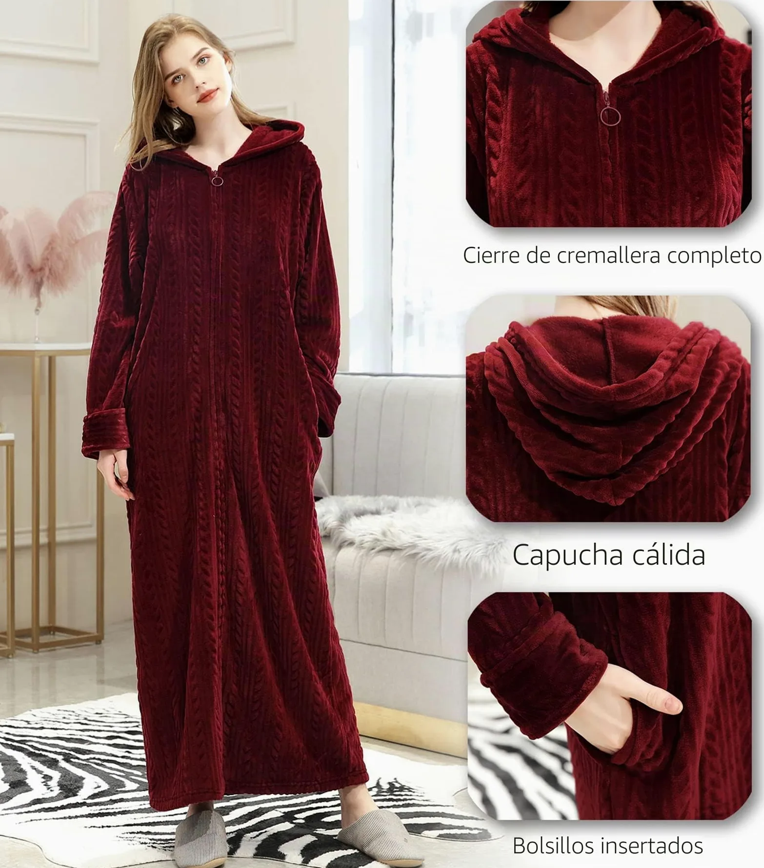 Albornoz Capucha Mujer Microfibra Bata Larga de Baño de Senora Cierre de Cremallera Invierno Ropa Gruesa y Cálida