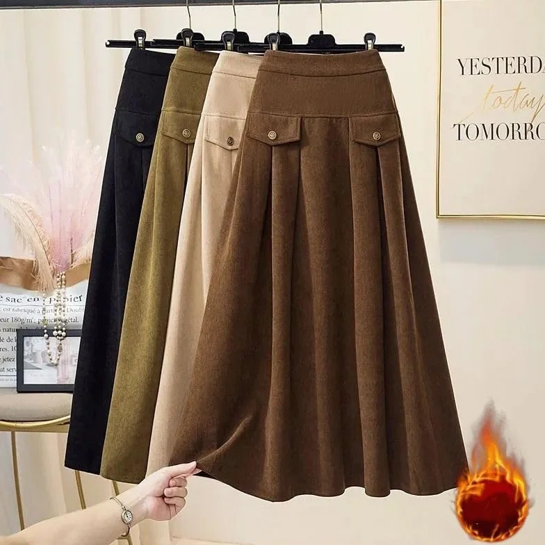Falda Larga De Pana De Invierno para Mujer, Elástica, De Cintura Alta, Gruesa, Cálida, Informal, Elegante, De Corte A, Plisada, Midi con Bolsillos