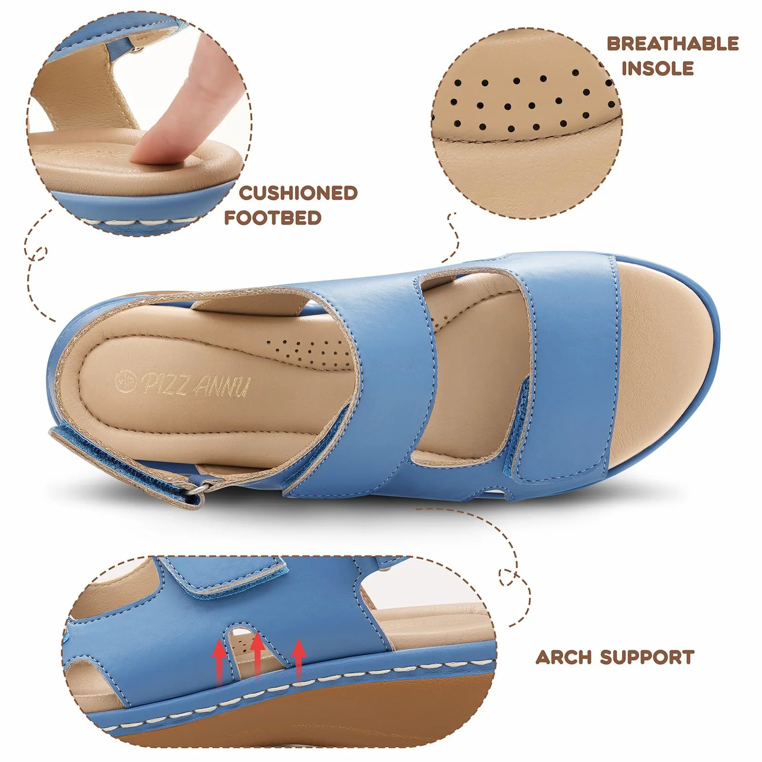 PIZZ ANNU Clara Sandalias Ortopedicas Mujer Verano Comodas Zapatos con Cuña Ligera y Velcro Ajustable Suela Antideslizante para Uso Diario
