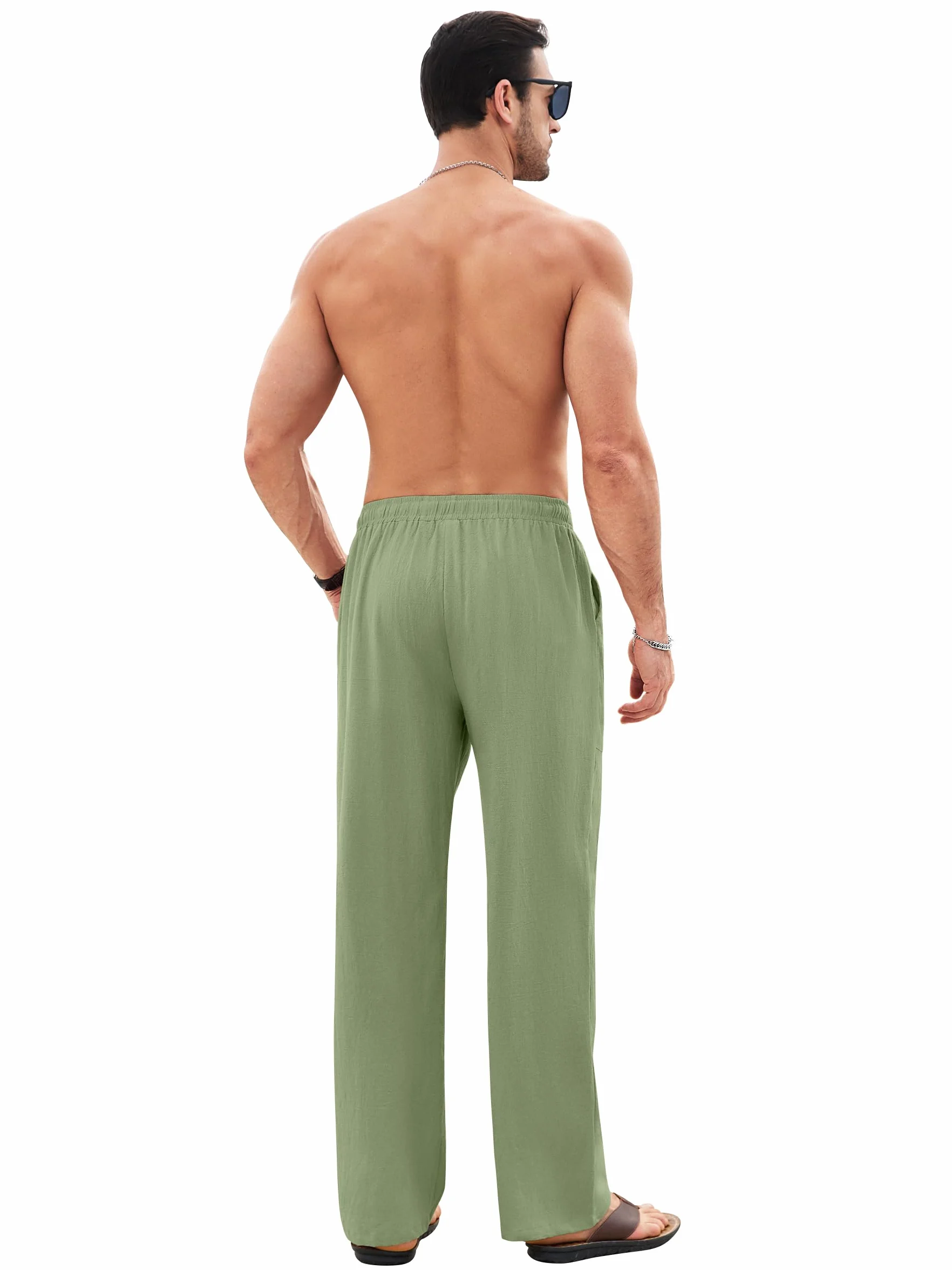 Litthing Pantalones de Lino para Hombre Pantalon de Jogging Algodón Pants Casuales de Verano con Bolsillos Holgados con Cordón Pant Cómodos y Ligeros