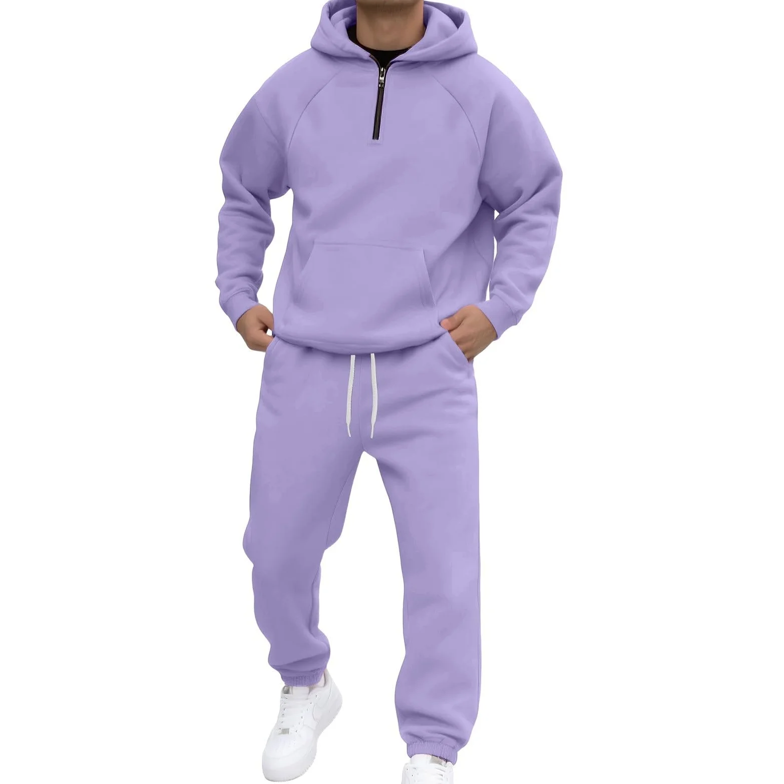 Hombre Conjunto con Capucha Cierre Claro 1/4 Top Pantalones De Correr | Chándal Hombre Conjunto de Correr Manga Larga Traje Deportivo Elástico Chándal Con Capucha Al Aire Libre